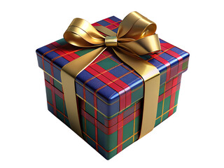 A colorful tartan gift box with a golden ribbon isolated on transparent background, perfect for christmas presents