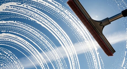 Window cleaning squeegee with soap suds creating circular patterns on glass