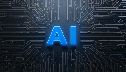 Glowing blue AI letters hovering over digital circuit board, with metal traces and copper nodes