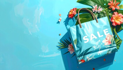 Blue shopping bag with "SALE" amidst vibrant flowers, against blue background