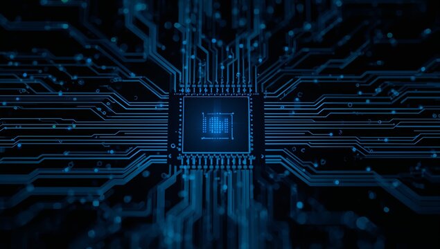 Central processor chip emitting blue neon PCB traces on circuit board, with solder points