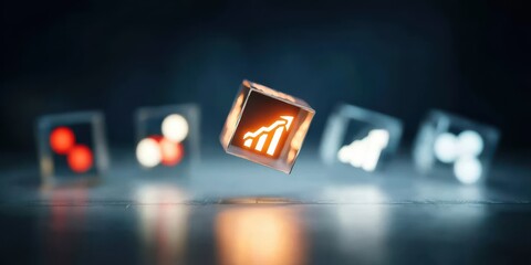 Transparent digital cube rotating with glowing graphs of increase output satisfaction score sales value index analytics