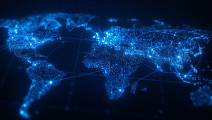 Forming glowing world map with blue nodes and lines, continent outlines, grid overlay on dashboard