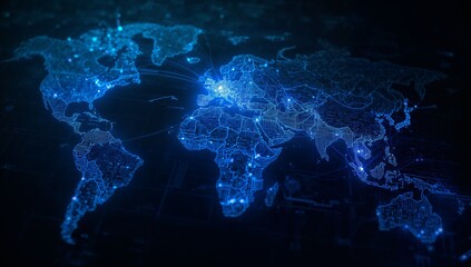 Showing digital world map grid in holographic interface, glowing network lines linking data nodes