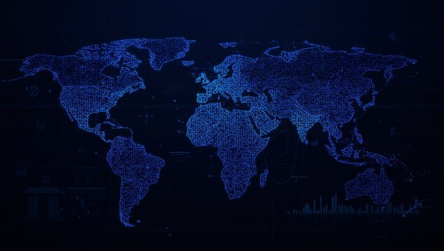 Displaying blue world map composed of binary code on virtual dashboard, with grid lines, UI icons