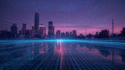 Spanning glowing blue digital grid overlaying water surface at waterfront dusk, with city skyline