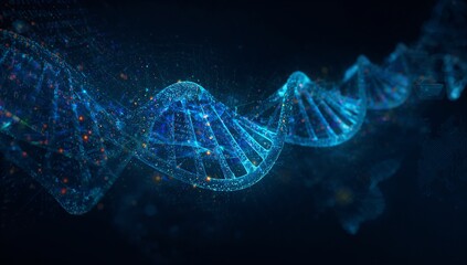 Rotating DNA double helix swirling in space with orange-blue particles, numeric grid overlays