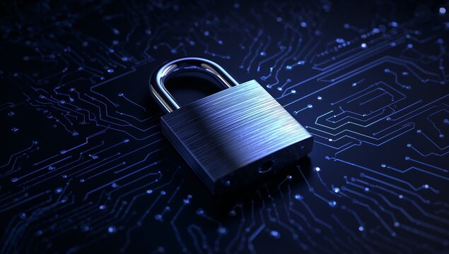 Resting silver padlock on dark blue circuit board, glowing nodes highlighting cybersecurity theme