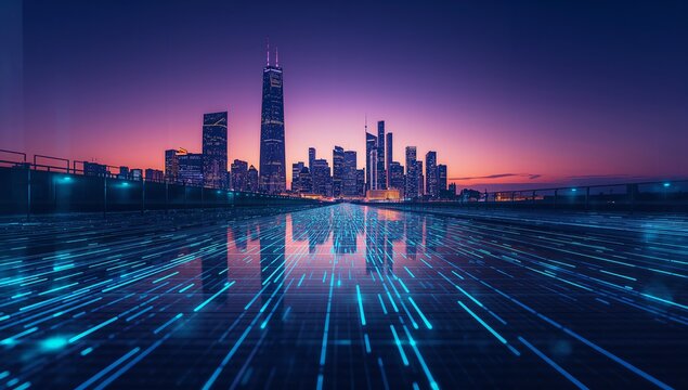 Showcasing plaza floor grid at dusk with neon trails railings illuminated spire-topped skyscrapers