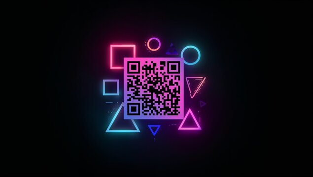 Floating neon QR code glowing against black backdrop with geometric shapes and particles