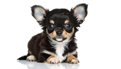 A small, black and tan Chihuahua puppy with large, expressive eyes, lying down against a bright white background