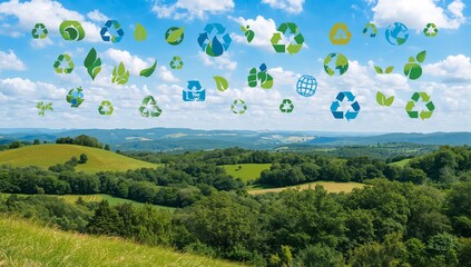 Displaying eco icons floating above grassy hillside overlooking hills, with recycling symbols