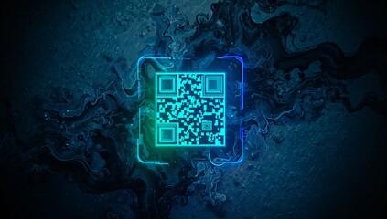 Glowing neon QR code floating in futuristic digital space, with square frame and marbled textures