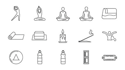 Yoga and Wellness Icon Set: A collection of simple, elegant line art icons, each depicting elements of yoga practice and wellness, embodying serenity, balance, and mindful living.