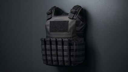 Hanging black tactical plate carrier vest showing six detachable magazine pouches in studio