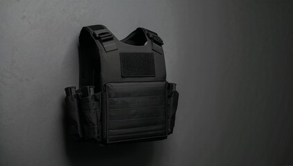 Black vest hanging in gear room, with adjustable straps, MOLLE webbing, side pouches and patch area