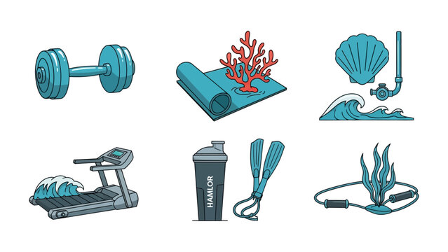 Aqua Fitness Gear: A collection of stylized fitness equipment evoking the refreshing feeling of aquatic workout routines, where health meets the serenity of the underwater world.