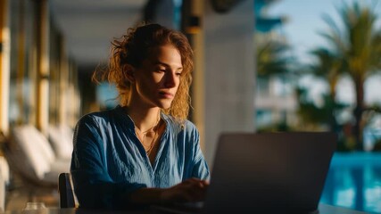 A professional female freelancer types on her computer while enjoying a beautiful resort setting. Remote work and travel opportunities create a modern work life balance for creative professionals