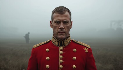 Standing officer wearing red dress uniform with gold buttons in foggy field with eagle insignia