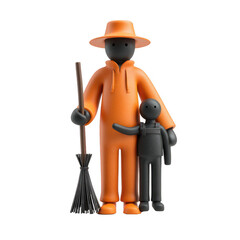 Minimalist Figure of a Person with Broom and Backpack