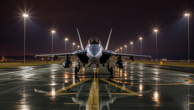 Sitting fighter jet on wet military runway at night, with taxiway markings, light poles, hangars