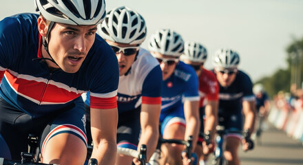 Cyclists race in a competitive road cycling race, athletes speeding forward with intense focus. Competitive road cycling action captures determination and teamwork among cyclists during race.