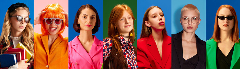 Six confident women in colorful outfits posing in bold collage with modern style. Concept of...