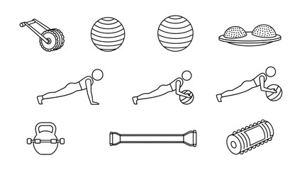 Exercise Icons: An array of exercise equipment icons, illustrating fitness and wellness, offering visual guides for physical activities, from strengthening core to building endurance.