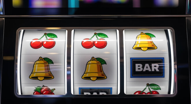 Slot machine closeup showing cherries, bars, and bells. Slot machine detailed imagery brings to mind casino games and gambling success, showing winning icons.