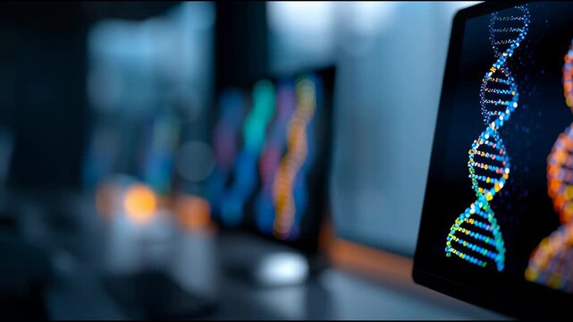 Colorful DNA Helix Visualization on Computer Monitors in Modern Laboratory Environment