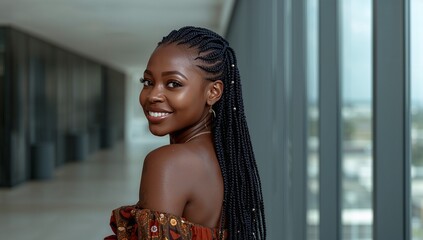 Smiling woman wearing off-shoulder dress glancing back in modern hall, with earrings and necklace