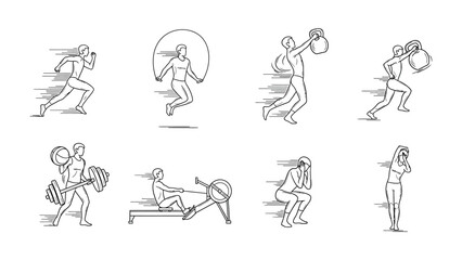 Fitness & Exercise Dynamics: Dynamic sketches capturing diverse fitness activities in action, showcasing a range of exercises for a fit and healthy lifestyle. 