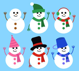 Collection of Cute Snowman Winter on Blue Background