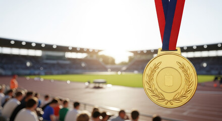 Gold medal dangles in front of an arena, gleaming symbol of achievement. Gold medal hangs on ribbon near stadium seating, representing victory and sportsmanship.