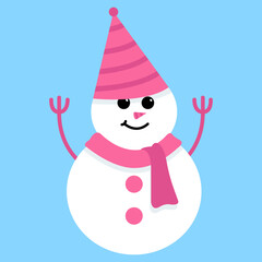 Happy Cute Snowman with Twig Hand Up Wearing Pink Birthday Hat and Pink Scarf Winter