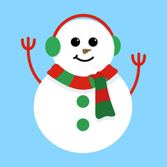 Cute Snowman with Twig Hand Up Wearing Red Green Headphone and Winter Scarf