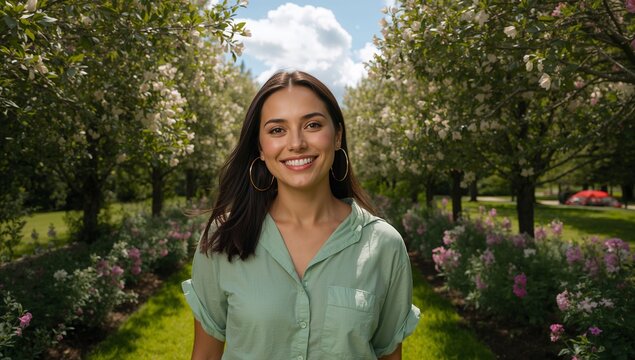 Smiling woman wearing green shirt walking through blossoming orchard path, with gold hoop earrings - Powered by Adobe