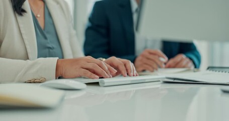 Hands, typing and people with computer, office or financial report on website, data entry and online. Writing, info and team with tech for budget analysis, research and accountants with project - Powered by Adobe