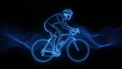 Pedaling neon-outlined cyclist on road bicycle in neon scene, with glowing light trails