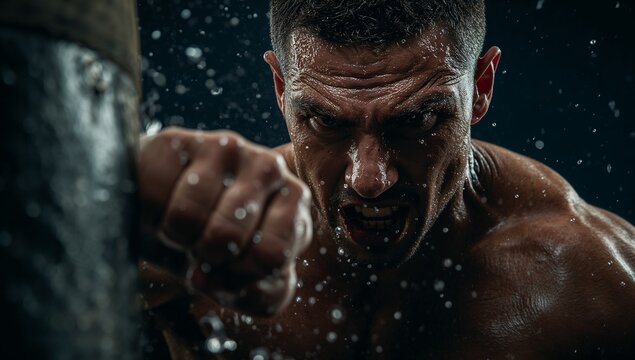 Striking shirtless man punching heavy punching bag in gym studio, with water droplets showing power