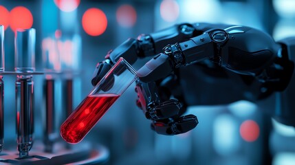 Robotic hand holding test tube with red liquid.