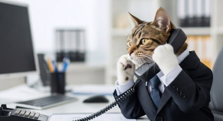 Funny Concept of Cat Businessman on Important Call