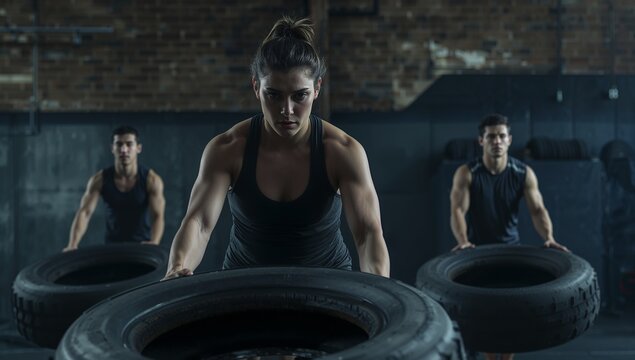 Maneuvering woman wearing sportswear pushing tractor tire at gym, with weight plates and racks