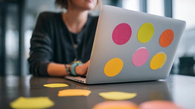 Focused female employee sits at a desk using a laptop decorated with vibrant sticky notes, surrounded by scattered notes. She is planning, organizing, and managing projects in a contemporary workspace
