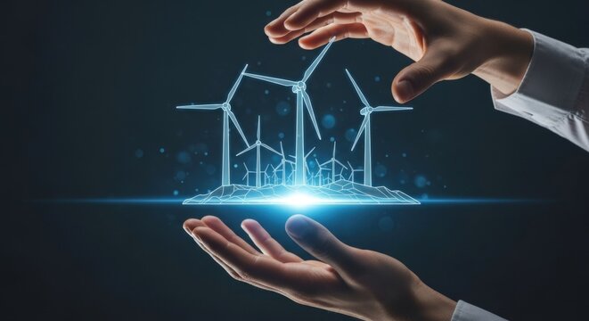 Hands holding digital wind turbine farm, clean energy and sustainability concept