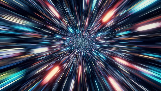 Racing multicolored light streaks streaming through hyperspace corridor, suggesting rapid motion - Powered by Adobe