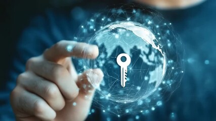 A hand interacts with a globe made of digital elements, highlighting the importance of security keys in modern technology. This illustrates the connection between global data and protection. - Powered by Adobe