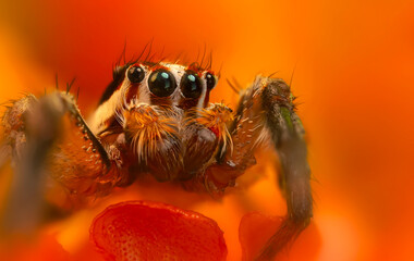 A beautiful close-up photo of a spider. Natural color background.