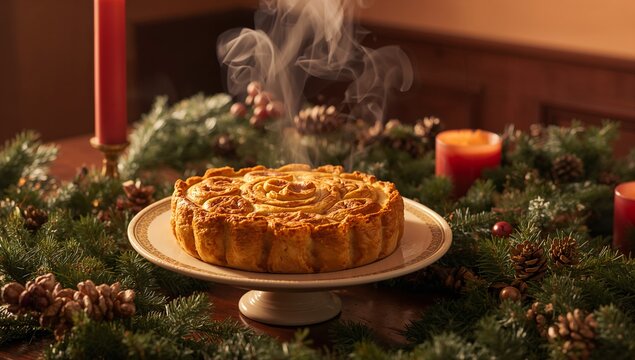 Steaming pie sitting on cake stand on table with evergreen garlands, red berries and pillar candles - Powered by Adobe