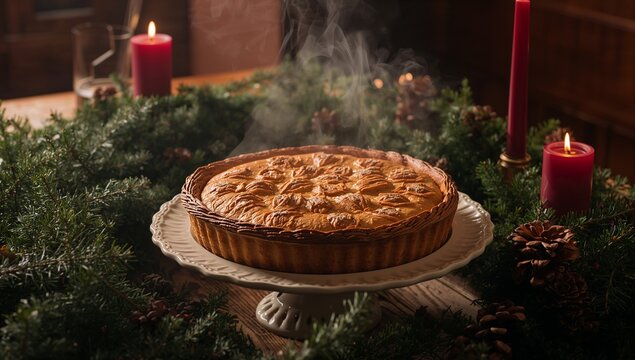 Steaming brown pie sitting atop pedestal at dining table, with pinecone garlands and red candles